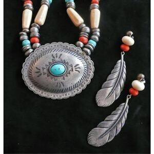 Ben Amun Feather Conch Motif Navajo Necklace & Earring Set 80s Vintage Pewter